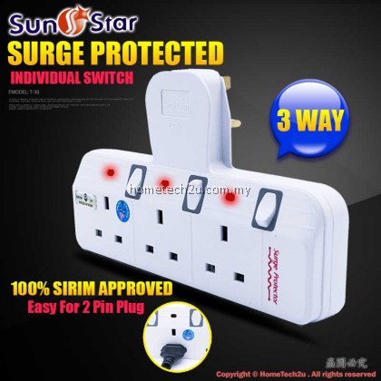 SUNSTAR WALL T-ADAPORT EXTENSION SWITCH SOCKET WITH SURGE PROTECTED (SIRIM APPROVED) SUNSTAR WALL T-ADAPORT EXTENSION SWITCH SOCKET WITH SURGE PROTECTED (SIRIM APPROVED)