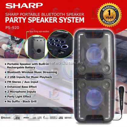 Sharp PS-920 150W High Power Portable Party Speaker with Built-in Rechargeable Battery, Disco Lights, Bluetooth, FM Radio, USB Playback & Microphone - Black