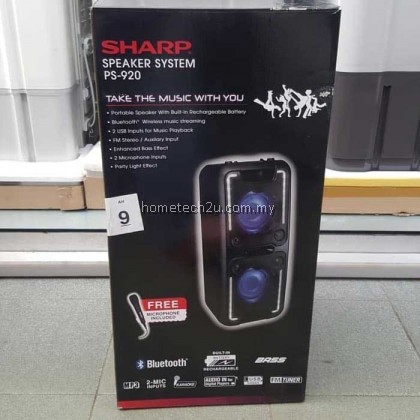 Sharp PS-920 150W High Power Portable Party Speaker with Built-in Rechargeable Battery, Disco Lights, Bluetooth, FM Radio, USB Playback & Microphone - Black