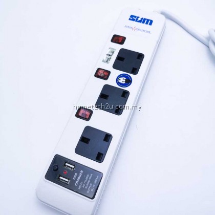 SUM 3 Way 2USB 13A Extension Trailing Socket with Surge Protector and 2meter Cable [SIRIM APPROVED]