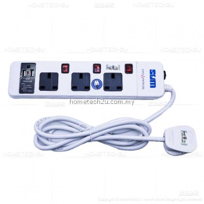 SUM 3 Way 2USB 13A Extension Trailing Socket with Surge Protector and 2meter Cable [SIRIM APPROVED]