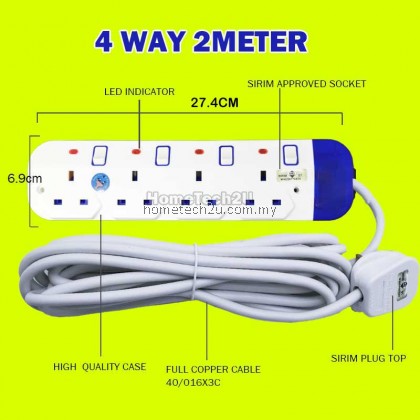Extension Plug with Sirim Approved 13A Trailing Socket Copper Cable Power Plug 2/5 meter