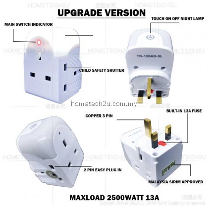 Extension Plug 13A 3 Way Adaptor with Nigh Lamp 2 USB Charger USB plug three adapter adaptor Extension Socket Kepala Tiga Lampu Tidur (Sirim)