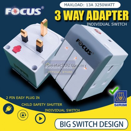 FOCUS 3 Way Adapter Extension Plug Extantion Socket with Sirim Individual Switch & Neon Safety Shutter