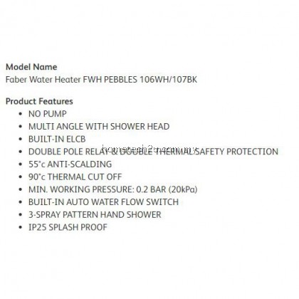 Faber FWH 106WH PEBBLES Instant Water Heater - Non Pump