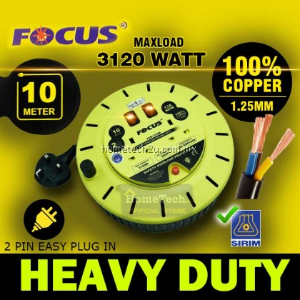 Focus Heavy Duty Extension Roller Round Extantion Cord Extension Plug Bulat Full Copper 1.25mm with Sirim Approved 10Meter 