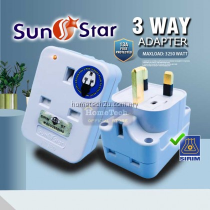 Sunstar 3 Way Adapter 13A Extension Plug 3 Socket 1 to 3 Extension Socket Plak Kepala 3 Sirim Approved 