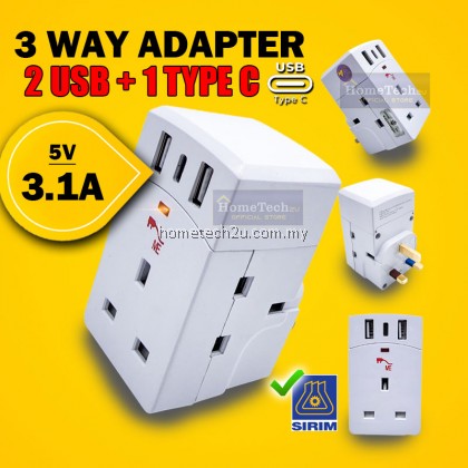 13A 3 Way Adapter Adaptor Plug with 2 UBS port and 1 Type C Charger Port 5V 3.1A (Sirim Approved)