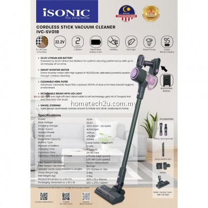 Isonic Wireless Handheld Cordless Stick Vacuum Cleaner IVC-SV018 150W 10000pa Strong Suction