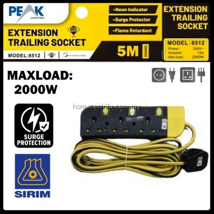 (SIRIM) PEAK Extension Plug Trailing Socket Wire Cable with Surge Protection - Black Yellow Series