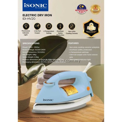 Isonic Electric Dry Iron - Sky Blue IDI-HV20 (2.0KG HEAVY WEIGHT) Vintage Design Similar to NI-25AWT