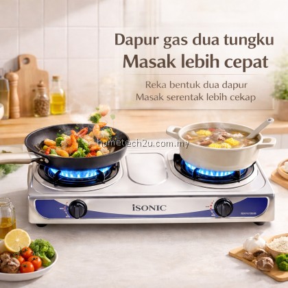 Isonic Stainless Steel Gas Stove IGB-1212SS | Double Burner | Auto Ignition | 4.0kW Efficient Cooking