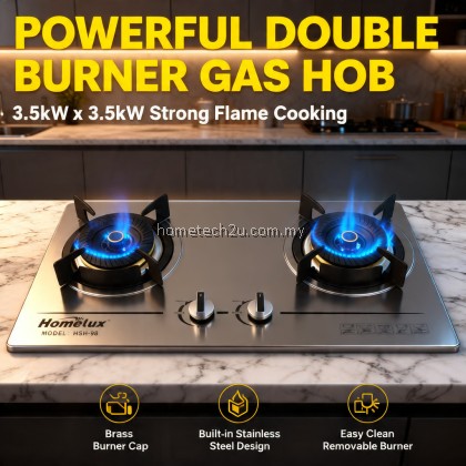 HOMELUX Built-In Stainless Steel Gas Hob 2 Burner Powerful 3.5kW+3.5kW Brass Burner Dapur Gas Tanam Heavy Duty Cooker