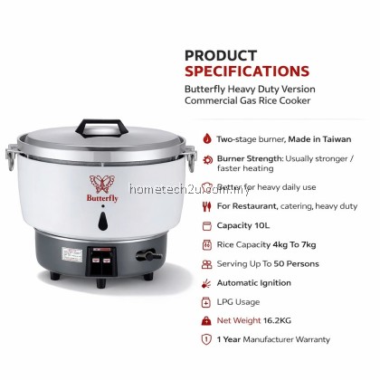 Butterfly Commercial Gas Rice Cooker 10L Heavy Duty LPG Rice Cooker For Restaurant Catering Kantin 50 Pax