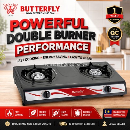 BUTTERFLY Double Burner Gas Stove Auto Ignition Energy Saving Dapur Gas Stainless Steel Cooker 1 Year Warranty