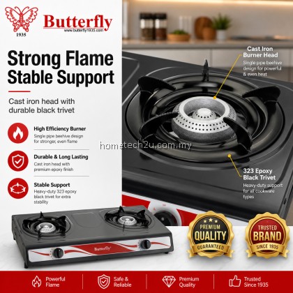 BUTTERFLY Double Burner Gas Stove Auto Ignition Energy Saving Dapur Gas Stainless Steel Cooker 1 Year Warranty