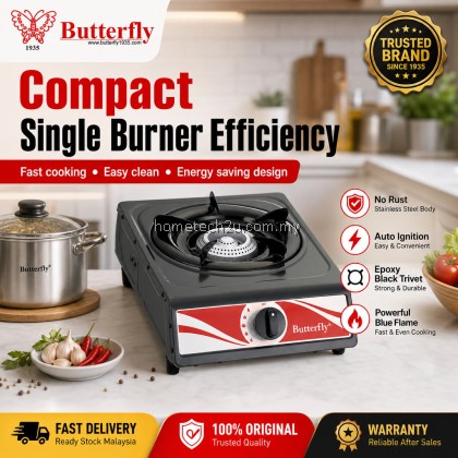 BUTTERFLY Double Burner Gas Stove Auto Ignition Energy Saving Dapur Gas Stainless Steel Cooker 1 Year Warranty