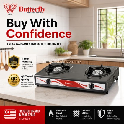 BUTTERFLY Double Burner Gas Stove Auto Ignition Energy Saving Dapur Gas Stainless Steel Cooker 1 Year Warranty