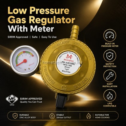 Micono Low Pressure Gas Regulator Meter Gauge SIRIM Approved LPG Propane Butane 28mbar Zinc Alloy Malaysia