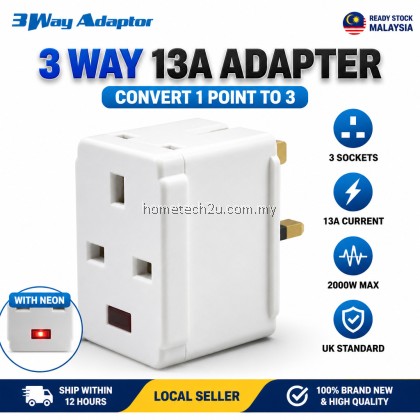 3 Way Adapter 13A UK 3 Pin Plug Multi Socket Extension Travel Adaptor With/Without Neon White Malaysia Ready Stock