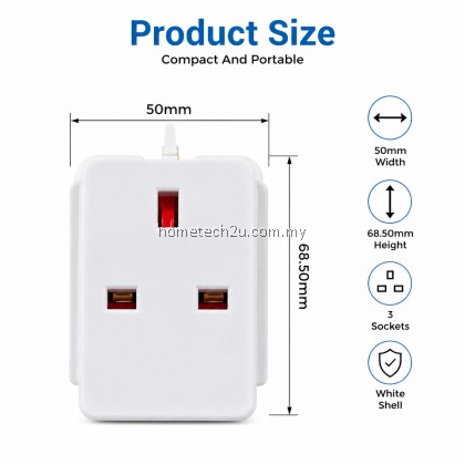 3 Way Adapter 13A UK 3 Pin Plug Multi Socket Extension Travel Adaptor With/Without Neon White Malaysia Ready Stock
