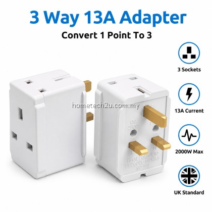 3 Way Adapter 13A UK 3 Pin Plug Multi Socket Extension Travel Adaptor With/Without Neon White Malaysia Ready Stock
