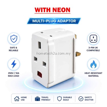 3 Way Adapter 13A UK 3 Pin Plug Multi Socket Extension Travel Adaptor With/Without Neon White Malaysia Ready Stock